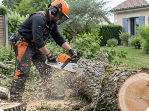 Élagueur équipé d'un casque et de protections découpant un tronc dans un jardin